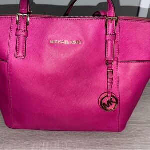 Michael Kors Hot Pink Saffiano Leather Tote with MK Charm